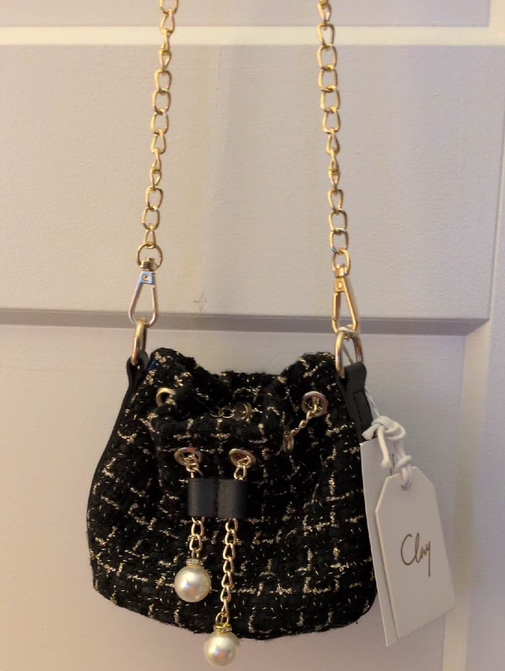 Tiny Treats By Zomi Gems Classic Black Tweed Chain-Accent Drawstring Bag